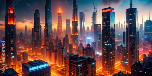 Futuristic Cityscape at Night: Glowing Red and Orange Lights, Cyberpunk Architecture, Sci-Fi City, Neon Lights, Urban Landscape