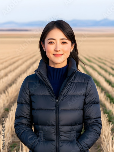 Asian woman smiles in a field. Background shows farm land. For agritourism
