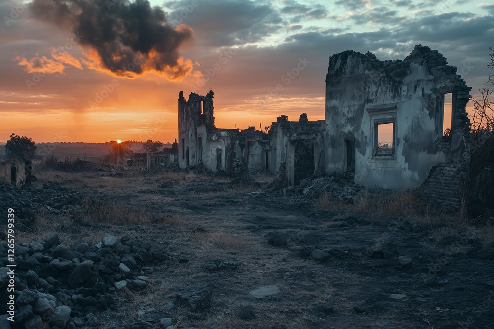 Fototapeta premium ruined houses in a burned and destroyed village, the aftermath of war, attack or fire