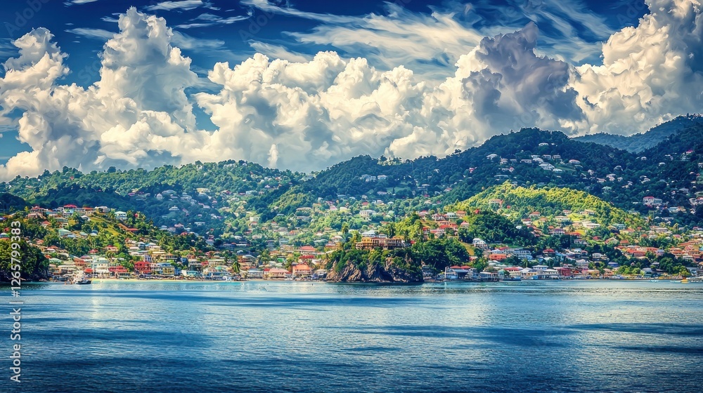 Obraz premium Caribbean coastal town, scenic view of hills and clouds