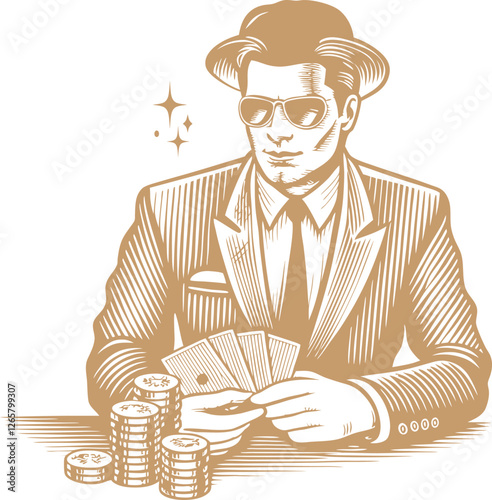 business man with money Man, Chips, Player, Hat, Engraving, Sketch, Money, Stylish, Cards, Confident, Illustration, Suit, Betting, Businessman, Drawing, Elegance, Fashion, Game, Luck, Retro