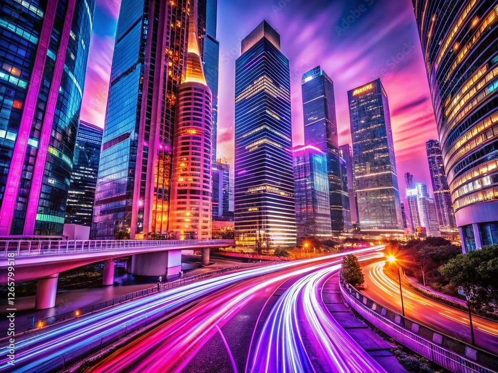 Fototapeta premium Futuristic Cityscape: Neon Light Trails in Vivid Purple, Pink, and Orange Hues