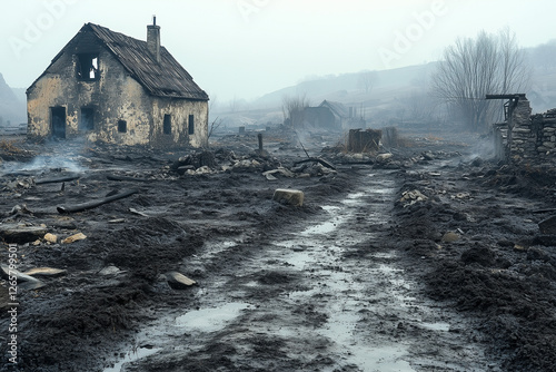 ruined houses in a burned and destroyed village, the aftermath of war, attack or fire