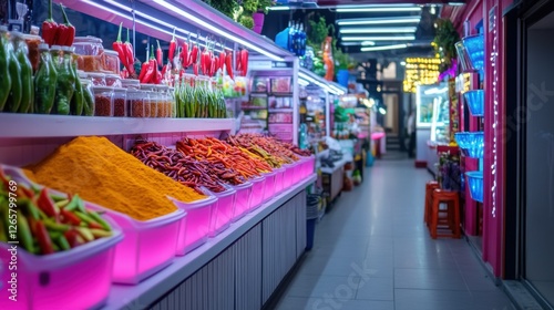 Colorful Spice Market with Fresh Ingredients and Bright Neon Lights in Local Grocery Store