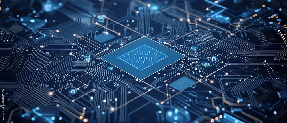 Abstract Blue Circuit Board With Glowing Lines and Central Microchip Abstract Blue Circuit Board With Glowing Lines and Central Microchip