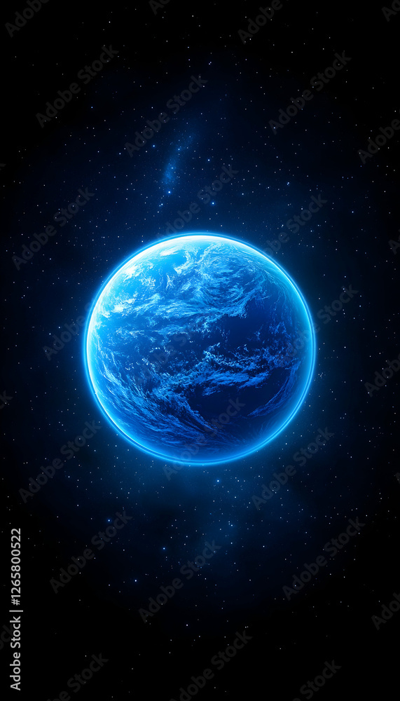 Obraz premium Blue planet floating in dark space with stars; education, sci-fi concept