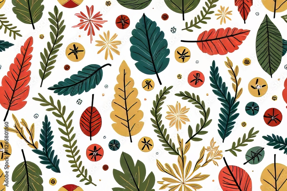 Obraz premium Colorful Botanical Pattern with Leaves and Flowers