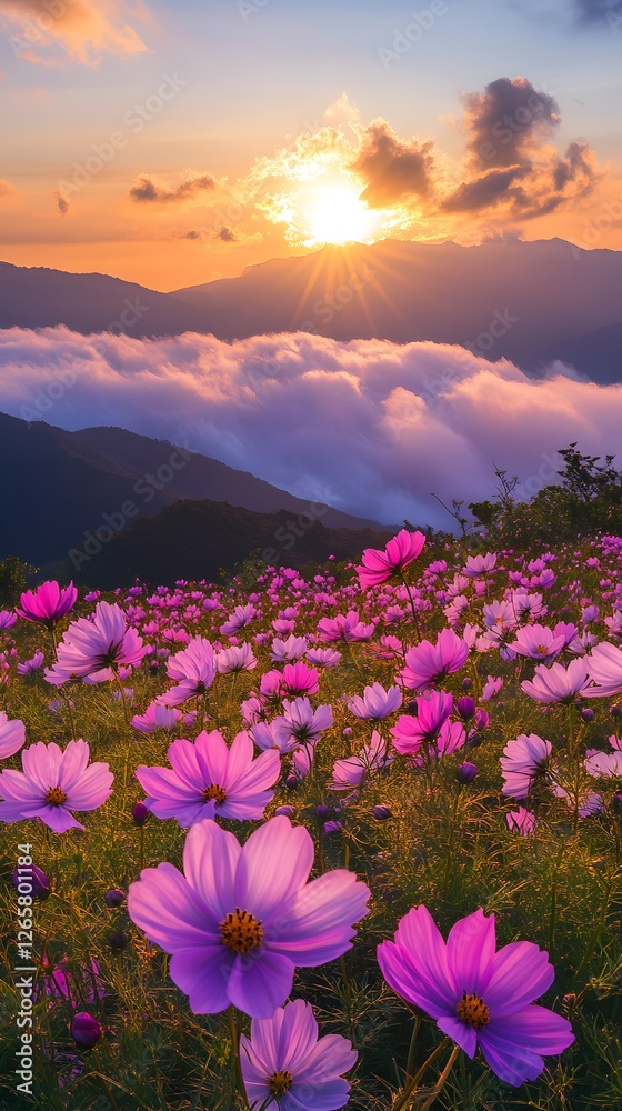 Obraz premium sunset, cosmos flowers, beautiful nature photography, cinematic with beautiful light and shadow, dark sky, flower field, distant mountains, warm tones, romantic, delicate details, natural environment