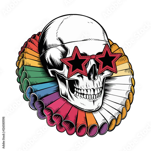 A 1920's illustration style image of a 3/4 view of a human skull. The skull is wearing a vibrant rainbow-colored thick Elizabethan ruff collar
and flamboyant star-shaped, red plastic sunglasses