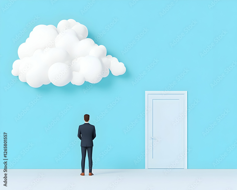 Businessman looks at the door and cloud under blue wall, dreaming of a goal Businessman looks at the door and cloud under blue wall, dreaming of a goal