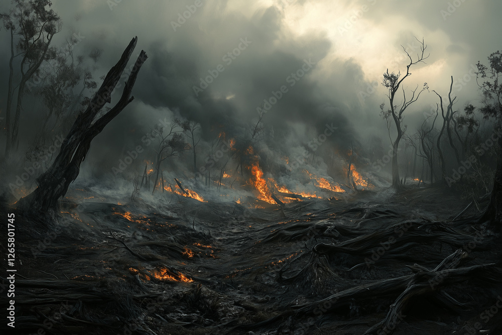 Fototapeta premium blazing forest, wildfire, black smoke clouds, environmental disaster wallpaper