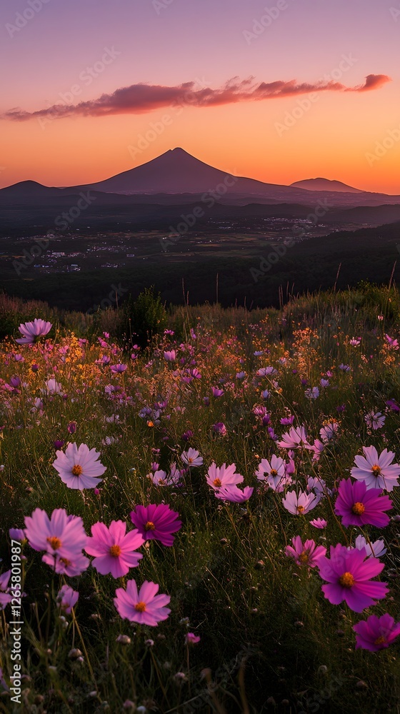 Fototapeta premium sunset, cosmos flowers, beautiful nature photography, cinematic with beautiful light and shadow, dark sky, flower field, distant mountains, warm tones, romantic, delicate details, natural environment