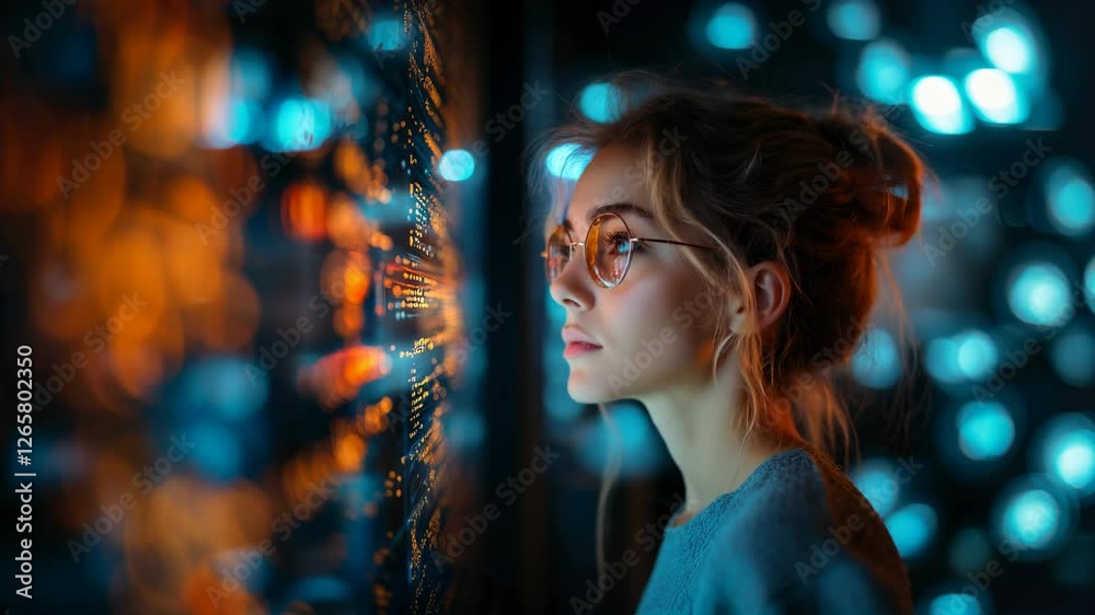 Futuristic software and hardware , coding hologram, serious concentrated attractive woman thinking about data analytics, digital technology. Programmer programming cybersecurity research and IT Futuristic software and hardware , coding hologram, serious concentrated attractive woman thinking about data analytics, digital technology. Programmer programming cybersecurity research and IT
