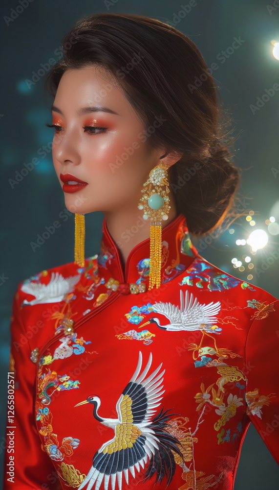 A graceful Asian woman in a red silk dress with a _004 A graceful Asian woman in a red silk dress with a _004