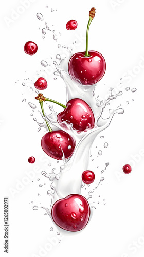 Cherries splashing into milk, creating a vibrant splash against a white background