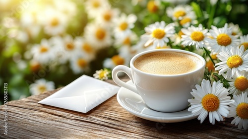 Sunny garden coffee, letter, daisies
