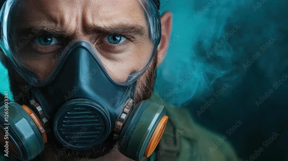 A striking close-up of a man wearing a respirator, with intense piercing blue eyes, exuding strength and determination against a dramatic background of swirling smoke.