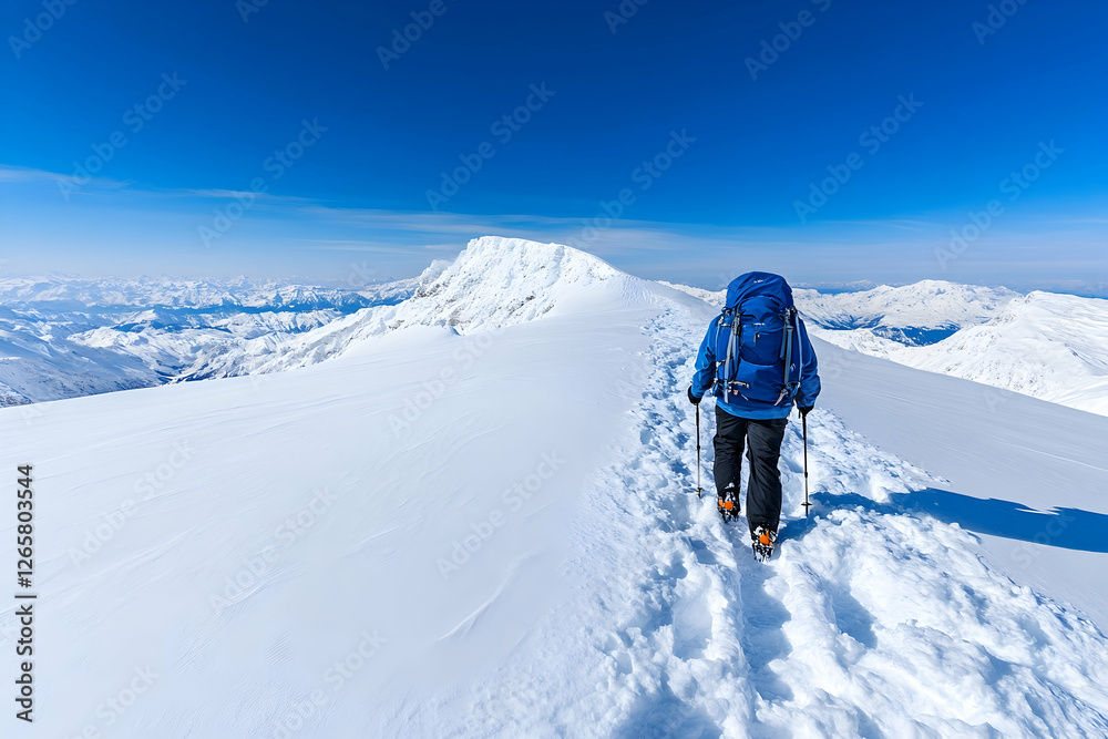 Climber trekking on snow mountain ridge, bright blue sky, winter background for travel Climber trekking on snow mountain ridge, bright blue sky, winter background for travel