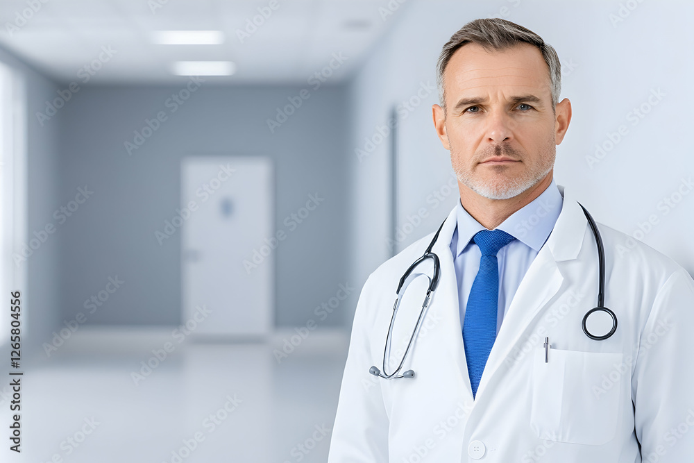 Confident doctor in hospital corridor, ready to assist with patient care Confident doctor in hospital corridor, ready to assist with patient care
