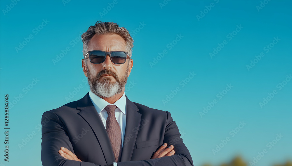 Confident mature businessman with sunglasses in suit against plain blue sky Confident mature businessman with sunglasses in suit against plain blue sky