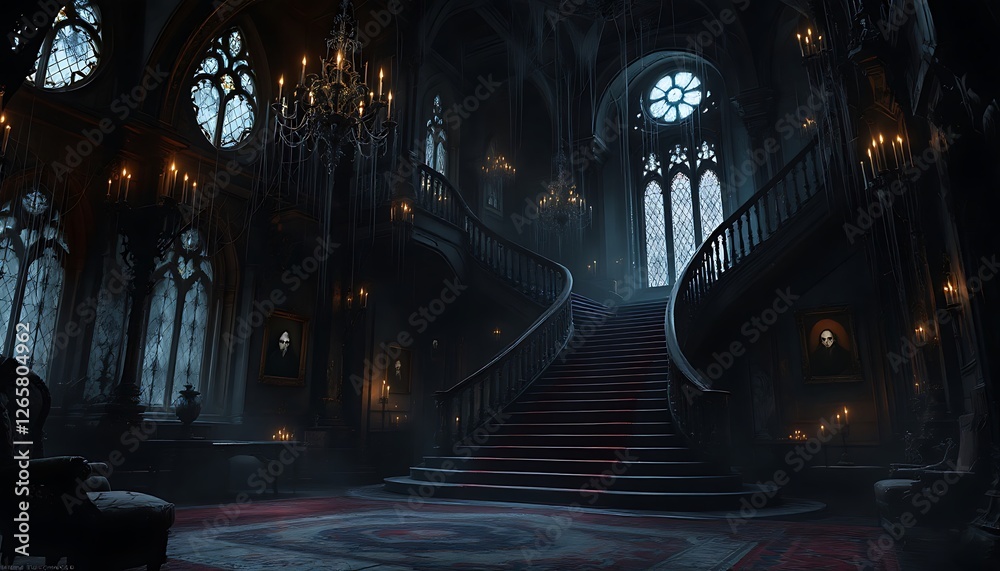 Obraz premium Grand Gothic Staircase in Spooky Manor Lit by Candles and Moonlight