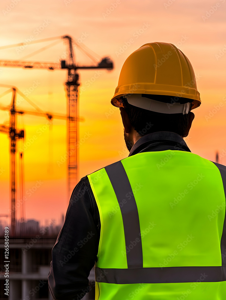 Construction worker overlooking the sunset view of building cranes to inspect the site Construction worker overlooking the sunset view of building cranes to inspect the site