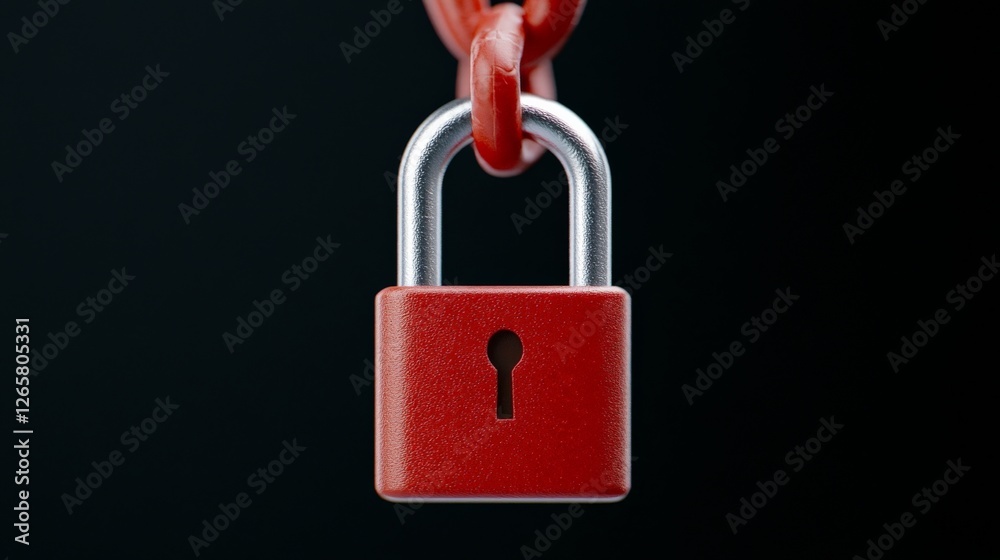 Red Padlock Hanging from Chain on Dark Background in Close Up Red Padlock Hanging from Chain on Dark Background in Close Up