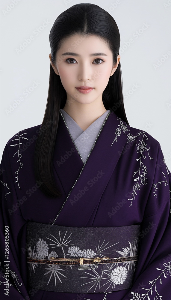 A tall Japanese woman in a dark purple kimono with_006 A tall Japanese woman in a dark purple kimono with_006