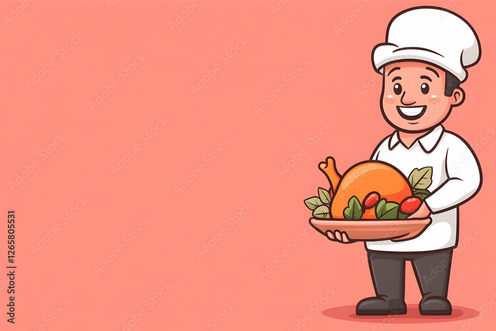 Cook showing roasted turkey on a plate with vegetables against plain background Cook showing roasted turkey on a plate with vegetables against plain background