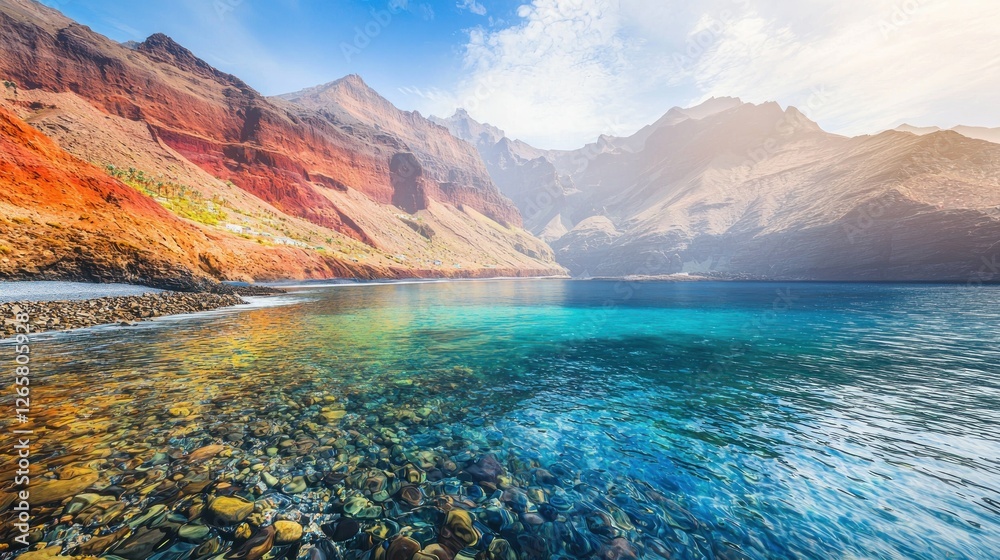 Obraz premium Volcanic beach, Tenerife, clear water, mountains reflecting in turquoise water