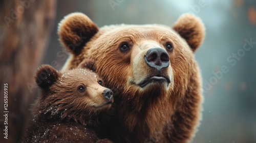 Wallpaper Mural A heartwarming scene of a mother bear and her cub nestled close together in a forest, emphasizing themes of nurturing, family bonds, and the beauty of nature. Torontodigital.ca