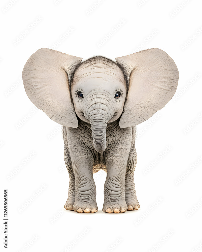 Obraz premium Cute baby elephant standing on white background. For animal education or greeting
