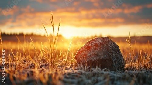 A stunning sunrise casts golden hues over a rocky field, highlighting the tranquility of nature and the beauty of dawn in serene outdoor landscapes.