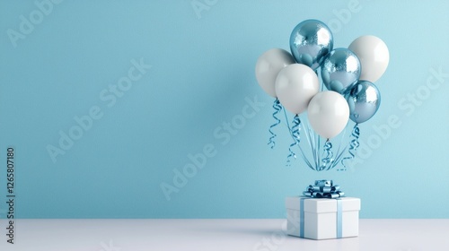 Light Blue Balloons Floating Above Gift Box photo