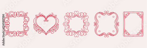 Coquette ink minimal hand drawn line art illustrations of vintage frames with ribbons, decorative flourishes, elegant, whimsical, romantic design, vector style, floral accents, greeting card 