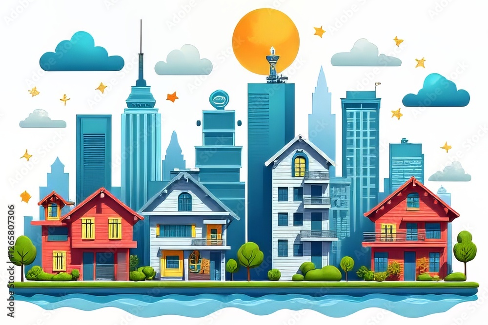 Fototapeta premium Colorful Illustration of a Cityscape with Skyscrapers and Houses