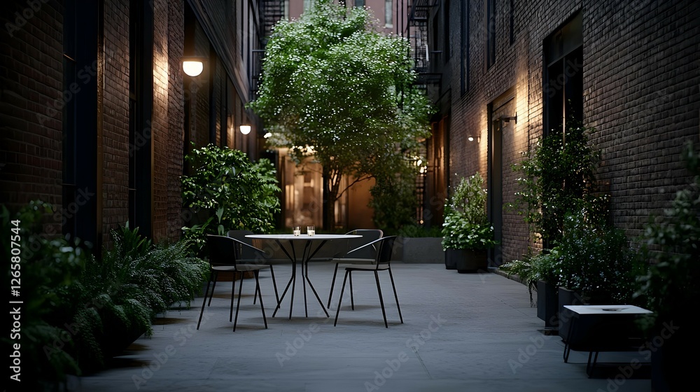 Obraz premium Empty Courtyard With Table And Chairs At Night