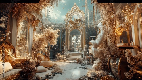 Opulent golden hall intertwined with blossoms and ornate decor