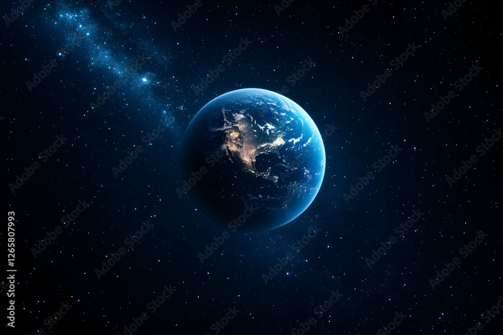 Earth in space, illuminated by sunlight, surrounded by stars, creating a cosmic view Earth in space, illuminated by sunlight, surrounded by stars, creating a cosmic view