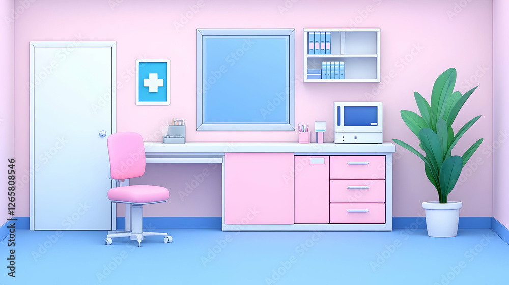 Empty doctor's office with chair, desk, pot, and medical supplies. Use for ads Empty doctor's office with chair, desk, pot, and medical supplies. Use for ads
