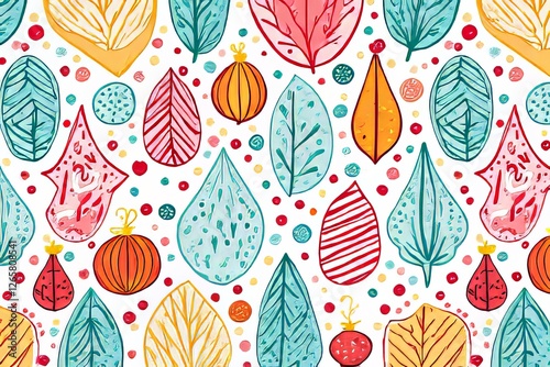 Colorful Leaf and Ornament Pattern Seamless Design