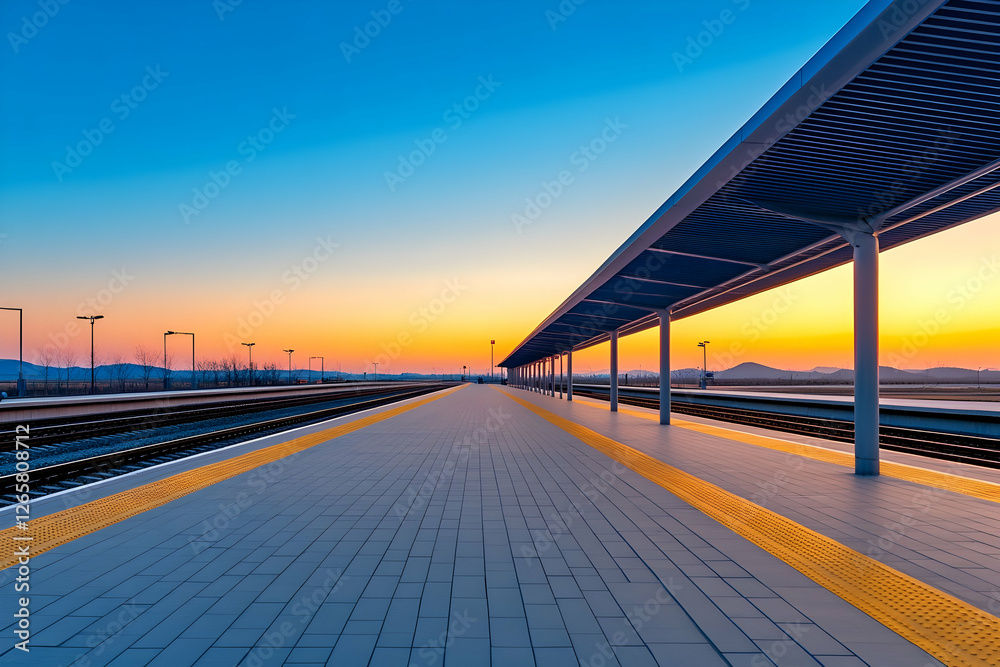 Obraz premium Empty train station platform at sunset with clear sky, ready for passengers