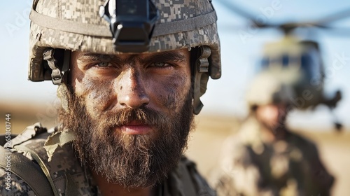 A rugged soldier with a mud-covered face stares intensely into the camera, reflecting the harsh realities of military life, set against a desert landscape. photo