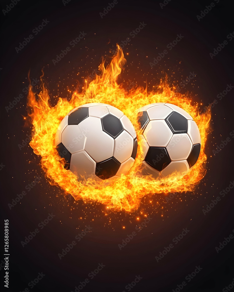 Fototapeta premium Fiery soccer balls, dark background, sports passion