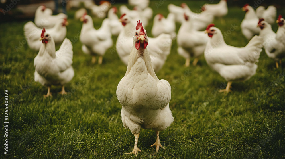 A flock of white chickens grazes on a grassy field, with one chicken staring directly at the camera. A flock of white chickens grazes on a grassy field, with one chicken staring directly at the camera.
