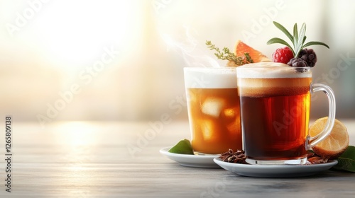 A collection of iced beverages with fresh herbs and fruits captures a refreshing moment that celebrates summer vibes, ideal for inviting viewers into a delicious experience.
