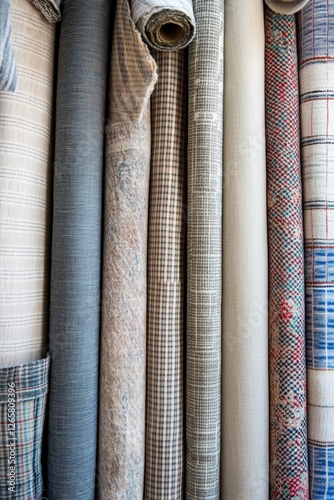 Assortment of Fabrics and Materials Rolled and Displayed in Vertical Alignment for Interior Design, Textile, and Home Decor Projects, Featuring Various Patterns and Textures. photo