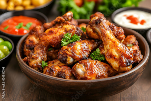 Fried chicken wings served in a bowl with sides, ideal for a meal advertisement