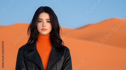 Girl poses on desert dunes background for travel ads, websites and presentations