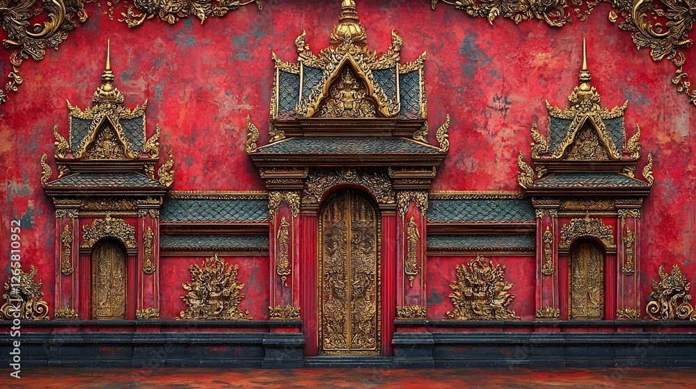 Fototapeta premium Luxurious Thai Temple Motif with Ornate Golden Patterns and Flowing Lines